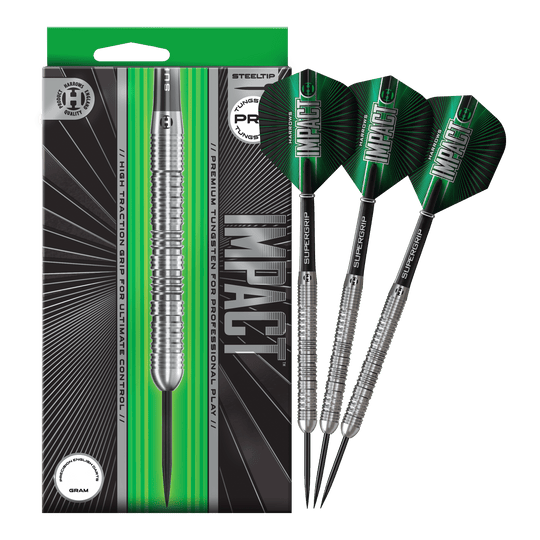 Das Foto zeigt die vollständigen Harrows Impact Steeldarts. Die Darts sind fertig zusammengestellt für den Gebrauch.