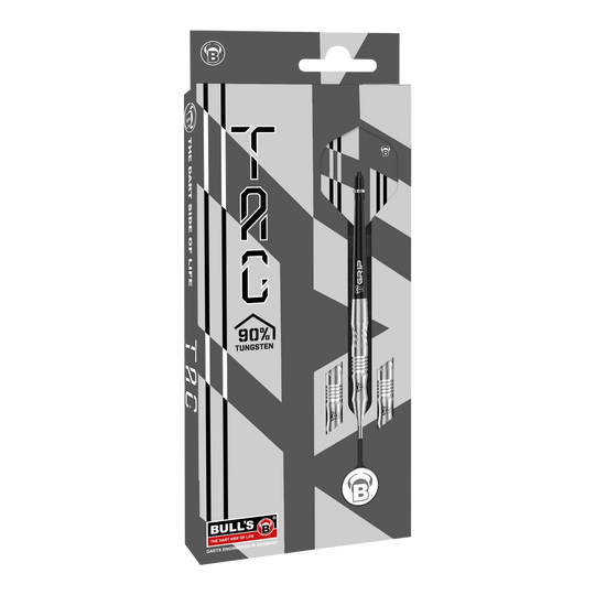 Bulls Tac T1 Steeldarts Die Abbildung zeigt die Verpackung der "Bulls Tac T1 Steeldarts". Auf der Vorderseite ist zu sehen, dass die Darts zu 90% aus Tungsten bestehen.