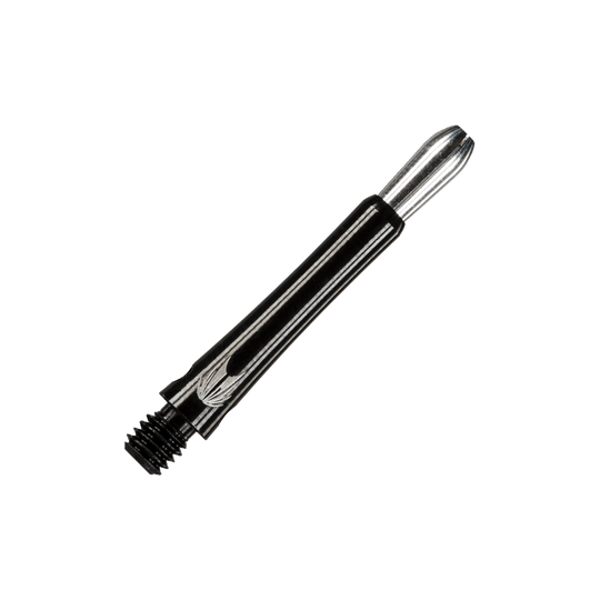 Das Bild zeigt einen schwarzen Aluminium-Dartschaft mit silbernem Spitzenende. Der Schaft hat ein Schraubgewinde am unteren Ende.