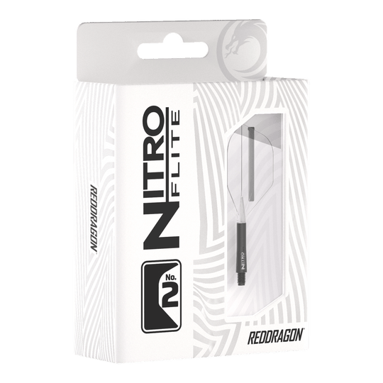 Die Abbildung zeigt die Verpackung des Produkts „Red Dragon Nitroflite - Black Shaft Clear No2 Flights“. Die Verpackung ist überwiegend weiß mit schwarzen Aufdrucken und einer Sichtöffnung, durch die das Produkt zu sehen ist.