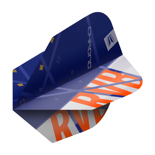 Target Pro Ultra Raymond Van Barneveld Chrono No6 Flights - 3 Sets Das Bild zeigt ein Dartflight mit dem Design "Target Pro Ultra Raymond Van Barneveld Chrono No6". Das Flight ist überwiegend dunkelblau mit orangen und weißen Akzenten sowie der Aufschrift "RVB" und "Chrono".