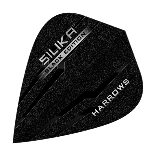 Harrows Silika Black Edition Kite Flights Das Bild zeigt ein Harrows Silika Black-Edition Kite Flight in schwarzem Design. Auf der Oberfläche stehen die Wörter "Silika Black Edition" und "Harrows" in silberner Schrift.