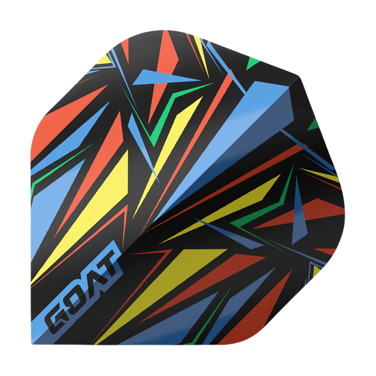 Dieses Bild zeigt ein Dart-Flight mit einem bunten, geometrischen Muster in Blau, Gelb, Rot und Grün. Auf dem Flight steht das Wort "GOAT" in blauen Buchstaben.