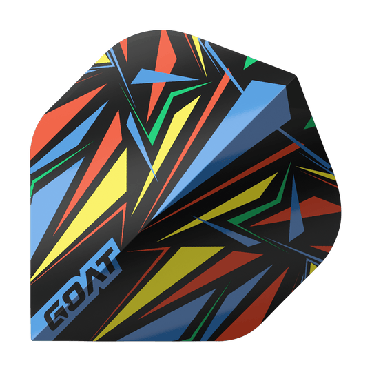 GOAT Athlete Blue No2 Standard Flights Dieses Bild zeigt ein Dart-Flight mit einem bunten, geometrischen Muster in Blau, Gelb, Rot und Grün. Auf dem Flight steht das Wort "GOAT" in blauen Buchstaben.