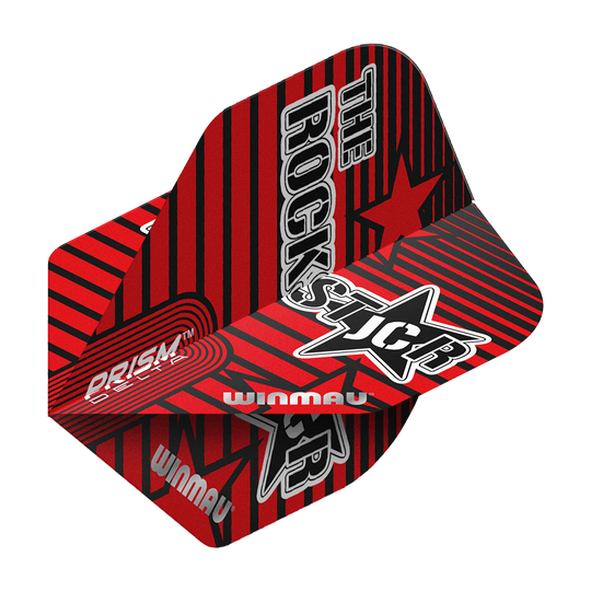 Das Bild zeigt die Winmau Prism Delta Joe Cullen Rockstar Standard Flights. Die Flights sind rot-schwarz mit auffälligen Grafiken und der Aufschrift "THE ROCKSTAR".