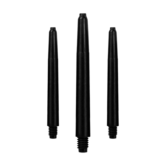 Das Bild zeigt drei schwarze Nylon-Schäfte für Dartpfeile. Sie sind in einer Reihe aufrecht angeordnet.