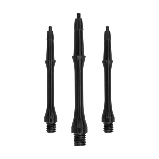 Das Bild zeigt drei schwarze Harrows Clic Slim Shafts für Dartpfeile. Die Shafts sind schlank und aus robustem Material gefertigt.