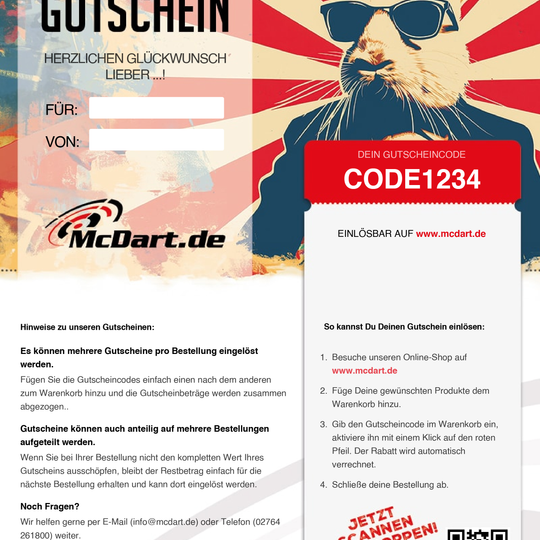 Easter voucher Auf dem Bild ist ein Gutschein von McDart.de mit einem coolen Hasen mit Sonnenbrille zu sehen. Rechts befindet sich ein rot hinterlegter Gutscheincode und Hinweise zur Einlösung im Online-Shop.