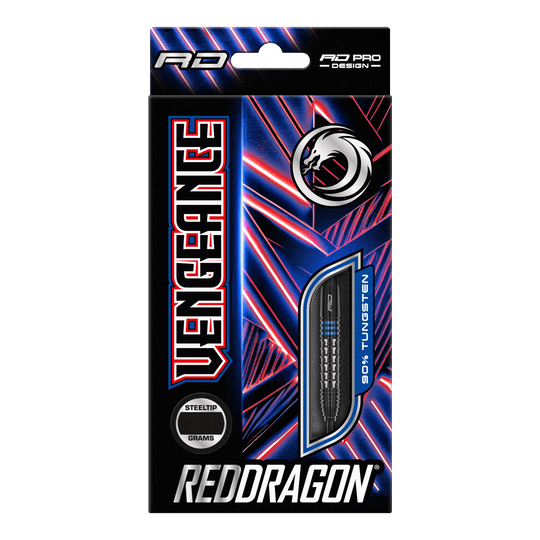 Auf dem Bild ist die Verpackung der "Red Dragon Vengeance Blue Steeldarts" zu sehen. Die Schachtel ist schwarz mit blauen und roten Akzenten und zeigt einen Dartpfeil mit dem Hinweis auf 90% Tungsten.
