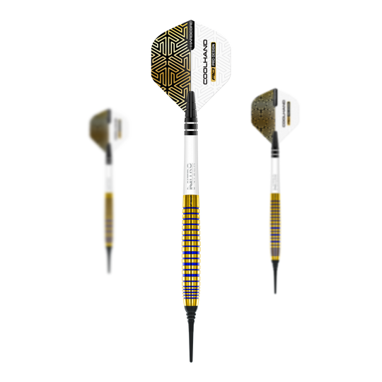 Red Dragon Luke Humphries TX3 Gold SE Softdarts - 20g Auf dem Bild sind drei Softdarts des Modells "Red Dragon Luke Humphries TX3 Gold SE" mit einem Gewicht von 20g zu sehen. Die Darts haben goldene und weiße Designelemente mit schwarzen Spitzen und auffälligen Flights.