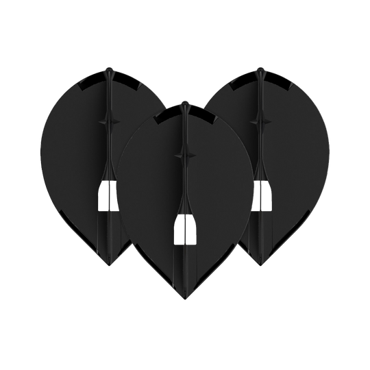 Das Bild zeigt drei schwarze L-Style Champagne L2PRO Teardrop Flights. Sie sind in einer gleichmäßigen Anordnung nebeneinander platziert.