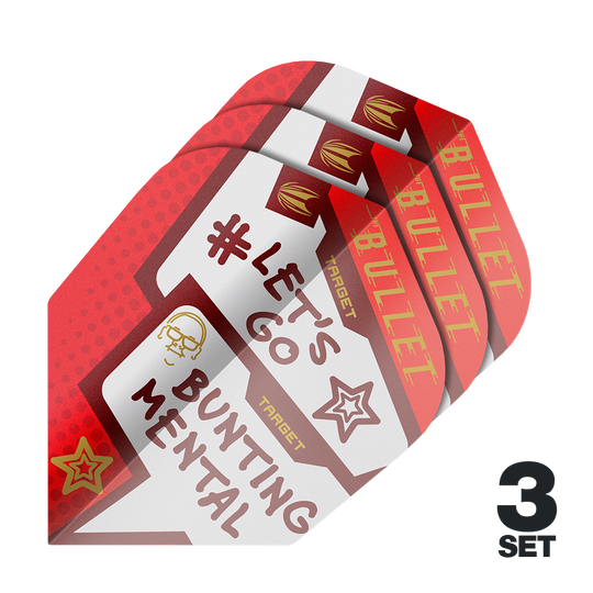 Das Bild zeigt drei Sets der Target Pro Ultra Stephen Bunting Mental No6 Flights für Dartpfeile. Die Flights sind rot und weiß gestaltet und tragen die Aufschrift "#LET'S GO BUNTING MENTAL".