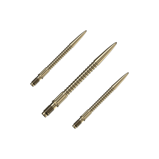 Mission R2.5 Rapid Point GV1 Dart Tips - Gold Ein Set goldener Dartspitzen ist auf dem Bild zu sehen. Das Set ist für Dartpfeile gedacht.