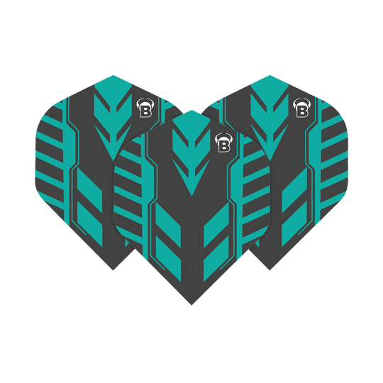 Das Bild zeigt drei schwarze Dartflights mit türkisfarbenem Pfeilmuster. Oben ist das weiße Bulls-Logo zu sehen.