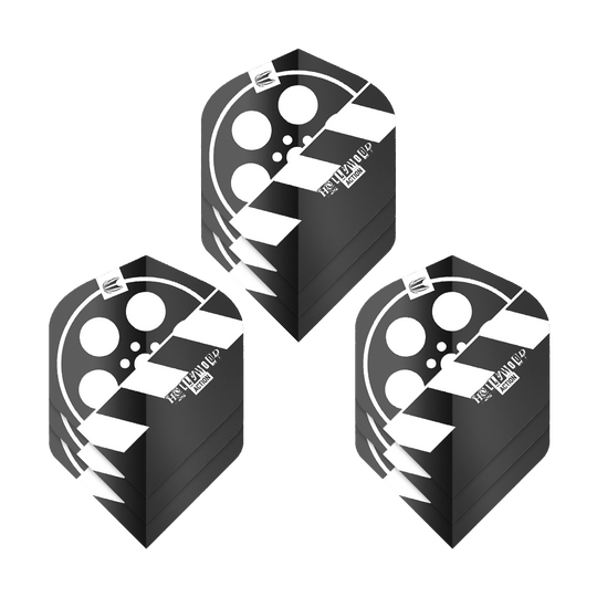 Target Pro Ultra Chris Dobey Hollywood Action No2 Standard Flights - 3 Sets Das Bild zeigt drei Sets von Dart-Flights mit einem Filmklappen-Design in Schwarz und Weiß. Die Flights tragen den Namen "Target Pro Ultra Chris Dobey Hollywood Action No2 Standard Flights".