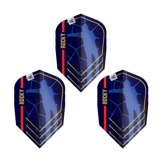 Das Bild zeigt drei Dartflights des Produkts „Target Pro Ultra Josh Rock GEN1 No6 Flights - 3 Sets“. Die Flights sind dunkelblau mit goldenen Linien, einer roten Streifen und dem Schriftzug „ROCKY“ versehen.