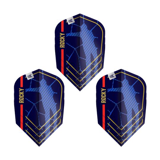 Target Pro Ultra Josh Rock GEN1 No6 Flights - 3 Sets Das Bild zeigt drei Dartflights des Produkts „Target Pro Ultra Josh Rock GEN1 No6 Flights - 3 Sets“. Die Flights sind dunkelblau mit goldenen Linien, einer roten Streifen und dem Schriftzug „ROCKY“ versehen.