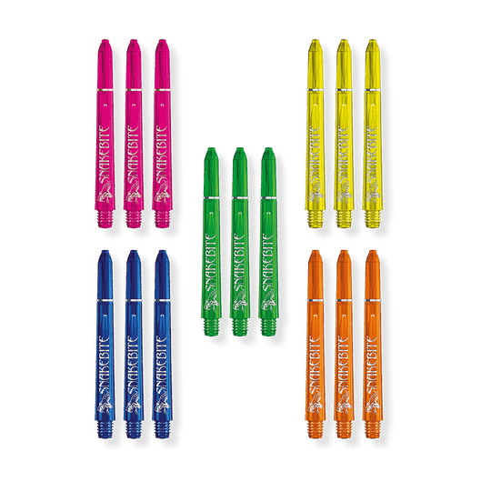 Das Bild zeigt fünf verschiedene Farben von Snakebite Shafts in mittlerer Größe, jeweils im 3er-Set angeordnet. Die Farben sind Pink, Gelb, Grün, Blau und Orange.