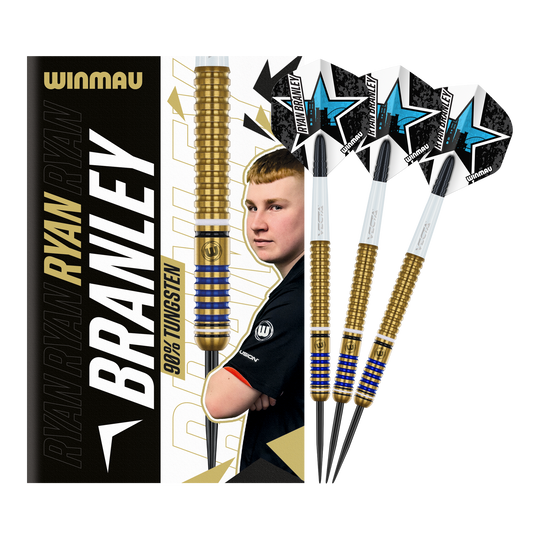Das Bild zeigt die Winmau Ryan Branley Steeldarts mit einem Gewicht von 23 Gramm. Die Darts sind goldfarben mit blauen Ringen und werden zusammen mit einer Verpackung präsentiert, auf der ein Porträt von Ryan Branley abgebildet ist.