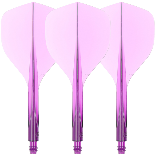Condor Axe 120 Flight-System Clear Purple - Standard Das Bild zeigt drei klare, lila Dartflights mit integriertem Schaft. Es handelt sich um das Produkt "Condor Axe 120 Flight-System Clear Purple - Standard".