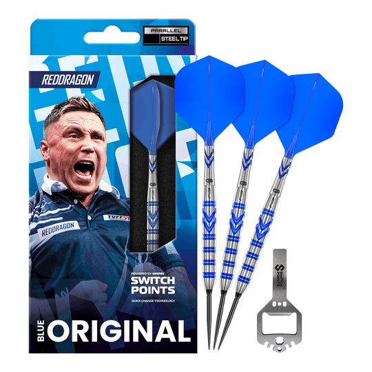 Das Bild zeigt die Red Dragon Gerwyn Price Blue Original Switch Point Steeldarts. Es handelt sich um hochwertige Steeldarts mit blauem Design.