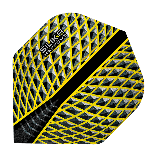 HR88_Harrows_Silika_Yellow_No2_Standard_Flights_1 Das Bild zeigt das Produkt "Harrows Silika Yellow No2 Standard Flights". Die Dart-Flights haben ein auffälliges gelb-schwarzes geometrisches Muster.