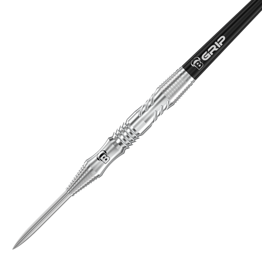 Bulls Tac T1 Steeldarts Das Bild zeigt einen Bull’s Tac T1 Steeldart mit silberner Spitze und strukturiertem Griff. Auf dem Dart steht das Logo "B GRIP" auf einem schwarzen Schaft.