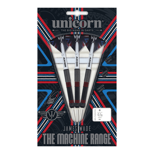 Unicorn The Machine James Wade 80% steel darts Das Bild zeigt eine Verpackung mit drei Steeldarts der Marke Unicorn, Modell "The Machine James Wade 80%". Die Darts haben einen schwarzen und roten Griffbereich und sind prominent in einer auffälligen Verpackung präsentiert.
