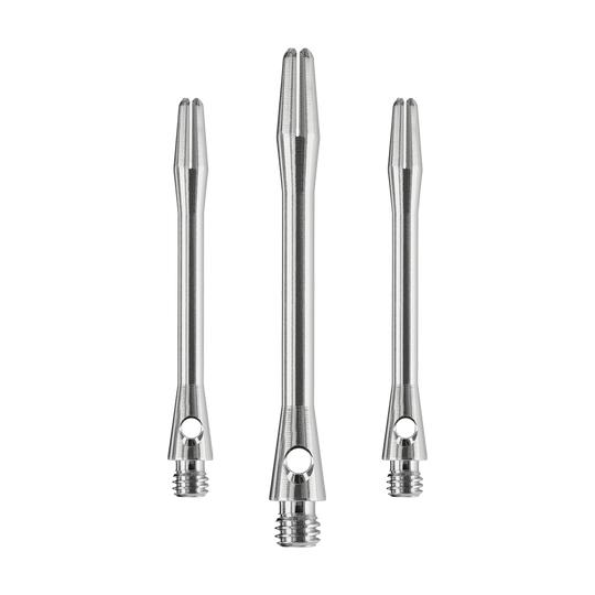 Das Bild zeigt drei glänzende Harrows Keramic Shafts in der Farbe Gun Metal. Sie sind in unterschiedlicher Länge angeordnet und haben ein modernes, metallisches Design.