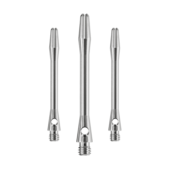 HR371_Harrows_Keramic_Shafts_Gun_Metal_47mm_1 Das Bild zeigt drei glänzende Harrows Keramic Shafts in der Farbe Gun Metal. Sie sind in unterschiedlicher Länge angeordnet und haben ein modernes, metallisches Design.
