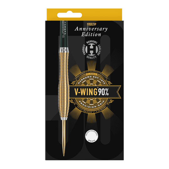 Harrows Anniversary Edition V-Wing Steel Darts Dies ist eine Verpackung für Steeldarts der Marke Harrows, Anniversary Edition. Auf der Packung steht "V-WING 90%" und "Precision Grip".
