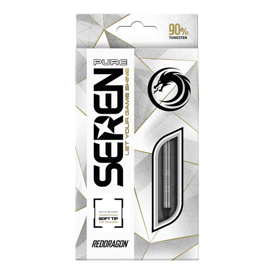 Red Dragon Seren 1 Pure Softdarts - 20g Die Verpackung zeigt das Produkt "Red Dragon Seren 1 Pure Softdarts - 20g". Das Design ist überwiegend weiß mit goldenen und schwarzen Akzenten und hebt die Qualität aus 90 % Tungsten hervor.