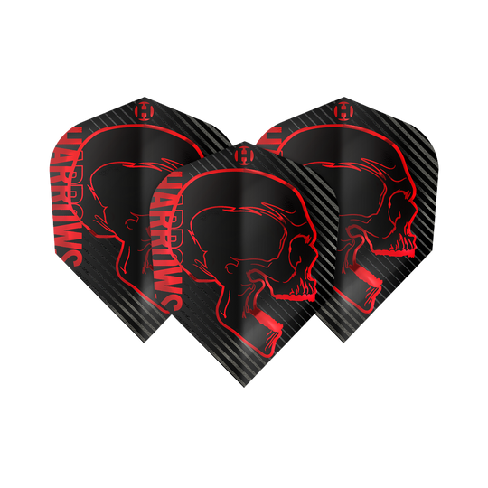Harrows Rage Red No6 Flights Das Bild zeigt drei schwarze Dartflights mit einem roten Totenkopfdesign und dem Schriftzug "Harrows" an der Seite. Die Flights sind Teil des Produkts "Harrows Rage Red No6 Flights".