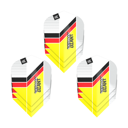 Das Bild zeigt drei Sets von Target Pro Ultra Gabriel Clemens No6 Flights. Die Flights haben ein Design in den Farben Weiß, Gelb, Rot und Schwarz mit der Aufschrift "GERMAN GIANT".
