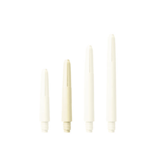 576_Nylon_Shafts_Naturweiss_35mm_16vLmlVYycmdMo Das Bild zeigt vier Nylon-Schäfte in naturweißer Farbe, die in verschiedenen Längen angeordnet sind. Sie besitzen ein Schraubgewinde am unteren Ende.