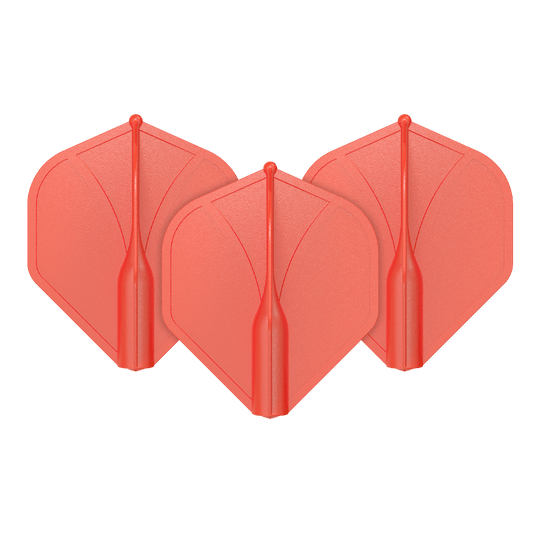 Shot Airfoil Molded No2 Standard Flights Das Bild zeigt drei rote Dartflights, die nebeneinander angeordnet sind. Sie haben eine einheitliche Form und glatte Oberfläche.