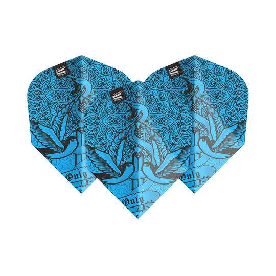 TG485_335450_Target_ProUltra_Ink_Blue_No6_Flights_1AEe3SADaeXqTv Das Bild zeigt die "Target ProUlta Ink Blue No6 Flights". Die Flights sind blau mit einem kunstvollen Muster und einem Vogelmotiv gestaltet.