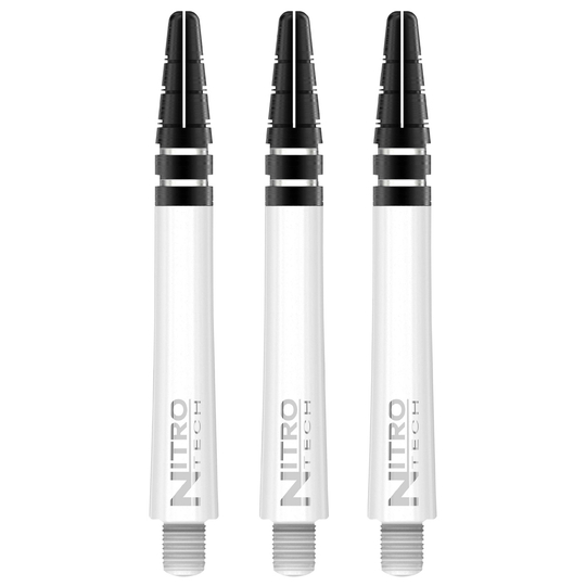 C447_Nitrotech_Medium_White_V Das Bild zeigt drei weiße RedDragon Nitrotech Shafts für Dartpfeile. Die Schäfte haben einen schwarzen oberen Teil und das Logo "NITRO TECH" ist aufgedruckt.