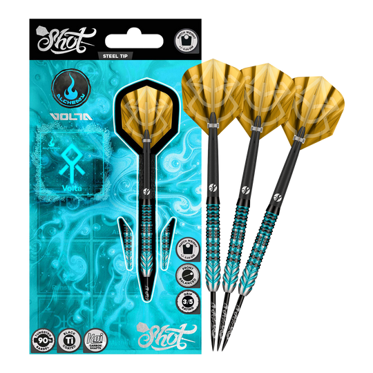 Das Bild stellt die Shot Alchemy Volta Steeldarts dar. Die Steeldarts sind hochwertig verarbeitet.