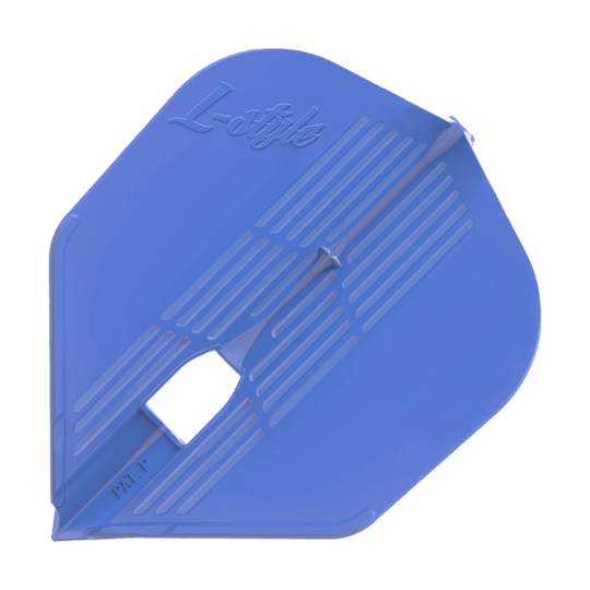 Das Bild zeigt ein blaues Dartflight mit dem Schriftzug "L-style" darauf. Das Flight hat eine eckige Form und gerillte Muster.
