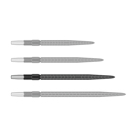 Target Swiss Point RVE dart tips - Black Auf dem Bild sind vier schwarze Dartspitzen in einer Reihe zu sehen. Jede Spitze hat ein silbernes Gewinde am linken Ende.