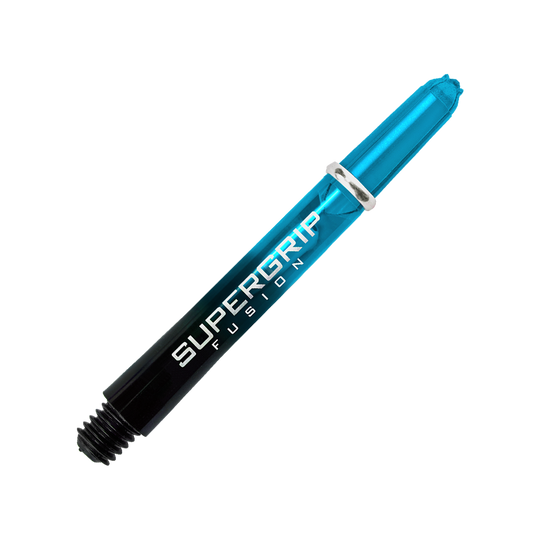Das Bild zeigt einen Harrows Supergrip Fusion Shafts in der Farbe Aqua. Der Hintergrund besteht aus verschiedenen blauen und grauen Streifen, die farblich zum Produkt passen.