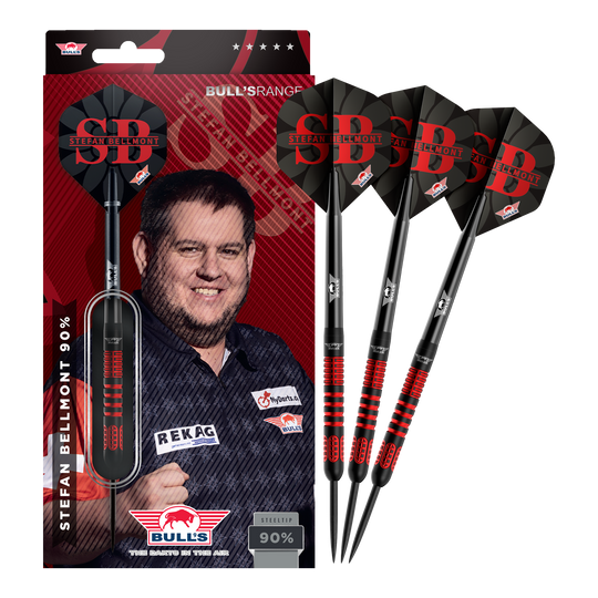 Bulls NL Stefan Bellmont 90 steel darts - 23g Das Bild zeigt die vollständigen Bulls NL Stefan Bellmont 90 Steeldarts 23g. Die Darts sind in einem Set abgebildet und überzeugen durch ihre Verarbeitung.