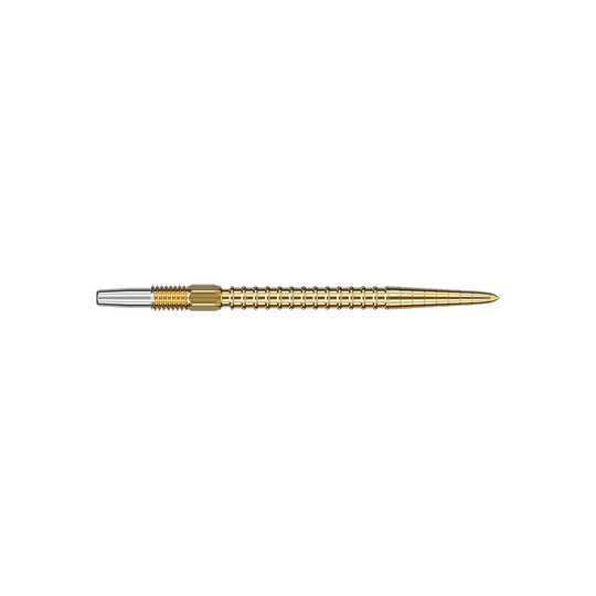 Target Swiss Point Chrono Dart Tips - Gold Auf dem Bild ist eine goldene Dartspitze abgebildet. Sie ist lang, dünn und hat ein geriffeltes Muster.