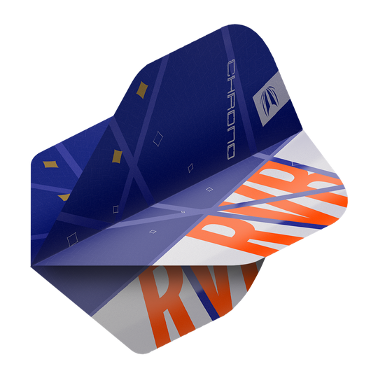 Das Bild zeigt ein Dartflight-Set aus der Serie "Target Pro Ultra Raymond Van Barneveld Chrono No2 Standard Flights". Das Flight ist vorwiegend blau mit orangefarbenen Buchstaben "RVB" und dekorativen Elementen.