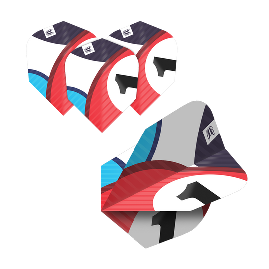 Das Bild zeigt fünf Sätze Target Pro Ultra Chicane Multipack No6 Flights. Die Flights haben ein farbenfrohes Design mit roten, blauen, weißen und schwarzen Elementen.