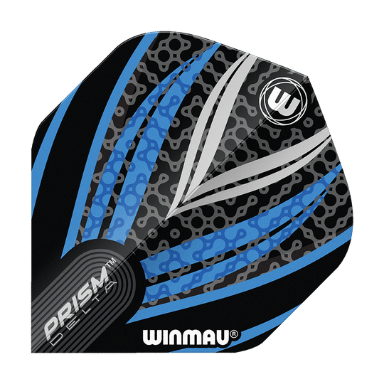 Winmau Prism Delta Black White Blue No. 2 Standard Flights Das Bild zeigt ein Winmau Prism Delta Flight in den Farben Schwarz, Weiß und Blau. Das Design ist modern mit auffälligen Linien und Mustern.