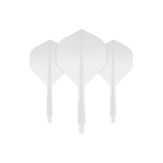 CO-0001_Condor_Axe_White_Standard_Flights_Short_1 Das Bild zeigt drei weiße Dartflights mit Schäften aus dem Condor Axe White Flight-System Standard. Sie sind schlicht und einheitlich gestaltet.