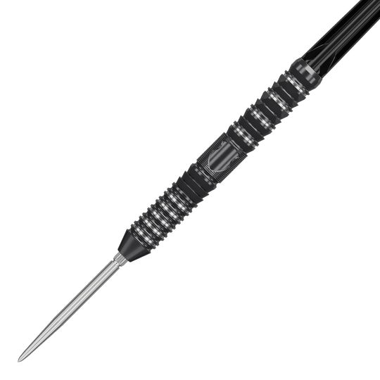 Target Japan Black Marque Draco GEN2 steel darts Das Bild zeigt einen Target Japan Black Marque Draco GEN2 Steeldart. Der Dartpfeil ist schwarz mit silbernen Rillen und hat ein modernes, strukturiertes Design.