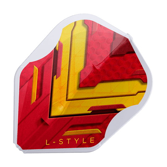 L-Style V-Series V1 Type A Spain Clear White L3EZ Flights Dies ist ein L-Style V-Series V1 Type A Spain Clear White L3EZ Flight. Das Design ist rot und gelb mit einem weißen Rand und der Aufschrift "L-STYLE".